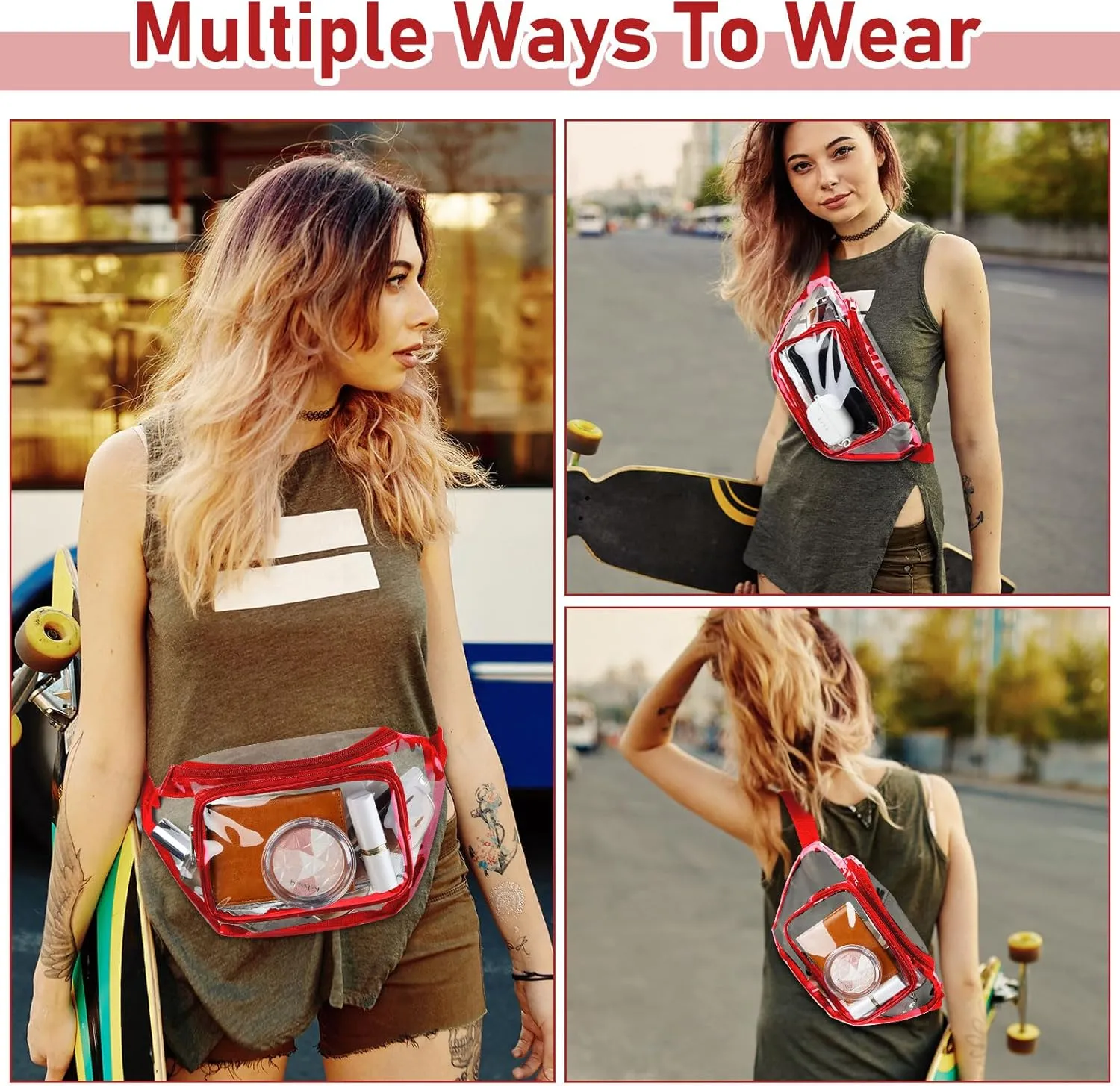 Reginary 24 Pcs Fanny Clear Packs for Women Men Waist Pack Stadium Approved Transparent Waterproof Purse Adjustable Belt Bag(Wine Red)