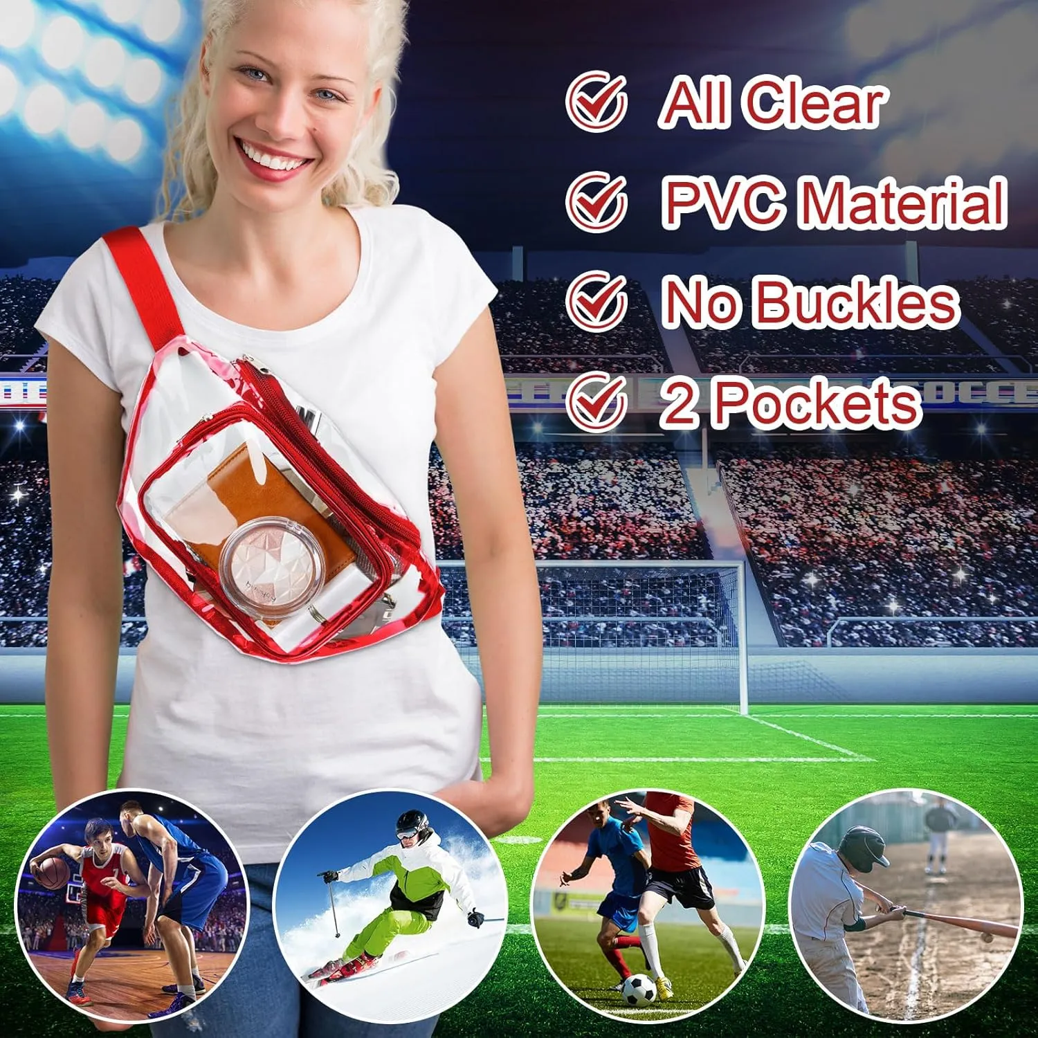 Reginary 24 Pcs Fanny Clear Packs for Women Men Waist Pack Stadium Approved Transparent Waterproof Purse Adjustable Belt Bag(Wine Red)
