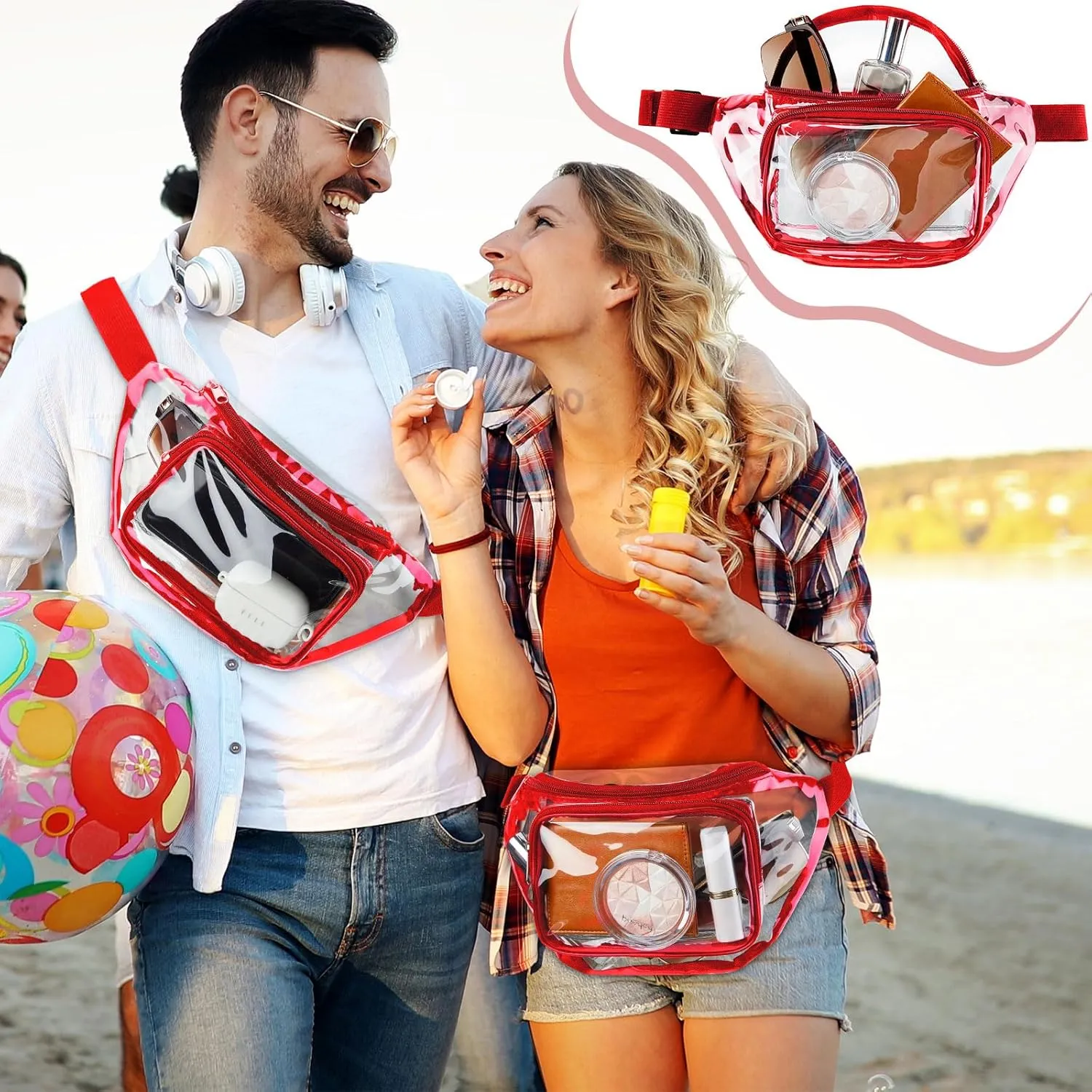 Reginary 24 Pcs Fanny Clear Packs for Women Men Waist Pack Stadium Approved Transparent Waterproof Purse Adjustable Belt Bag(Wine Red)