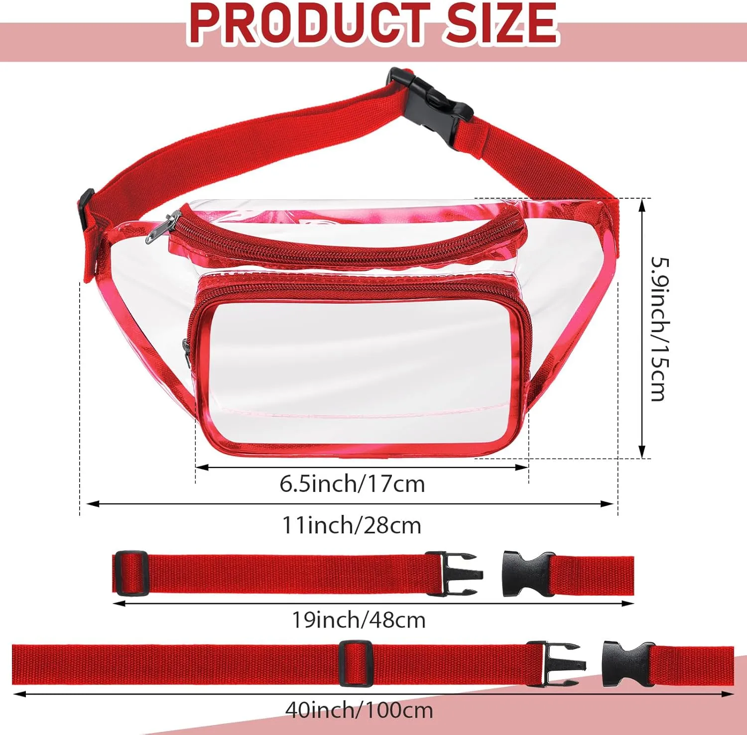Reginary 24 Pcs Fanny Clear Packs for Women Men Waist Pack Stadium Approved Transparent Waterproof Purse Adjustable Belt Bag(Wine Red)
