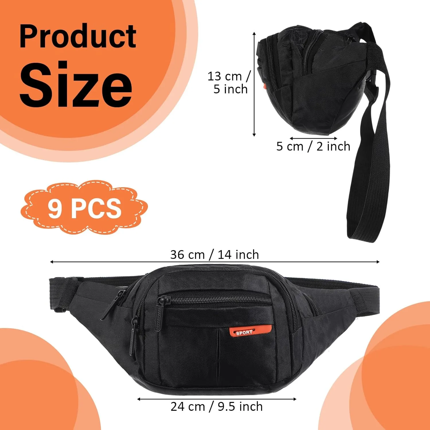 Reginary 9 Pcs Fanny Pack for Women Waist Bag Packs Men Crossbody Waterproof Adjustable Fanny Pack Running Bag Running Fanny Pack for Travel Hiking Running Outdoor(Black Color)