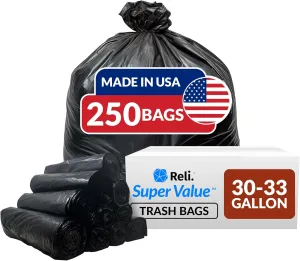 Reli. 30-33 Gallon Trash Bags Heavy Duty | 250 Count Bulk | Black Large Trash Bags 30 , 32 Gallon | Made in USA