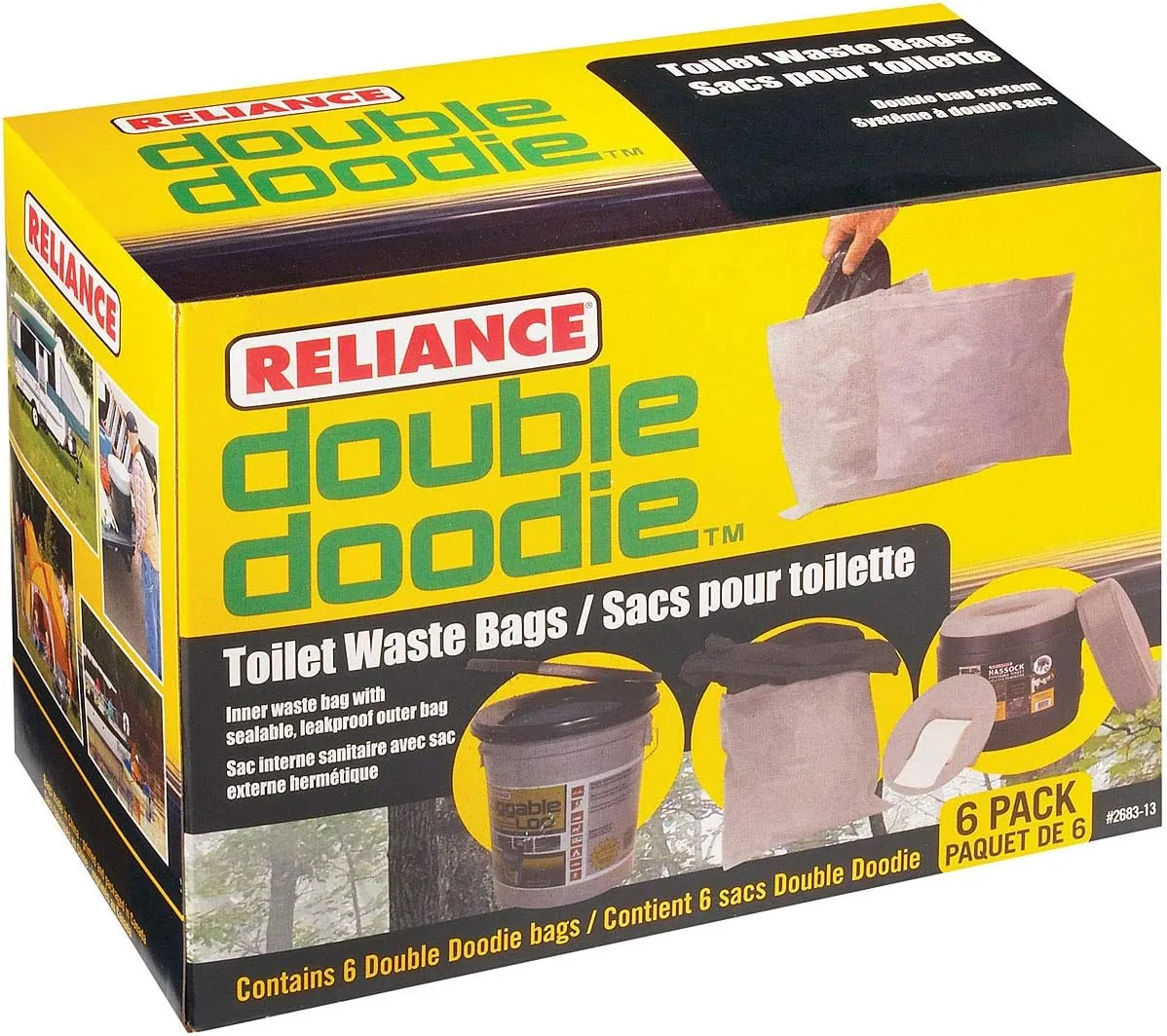 Reliance Products Double Doodie | Portable Toilet Waste Bags | No Gel | 6 Count (Pack of 1), Black, (2683-13)