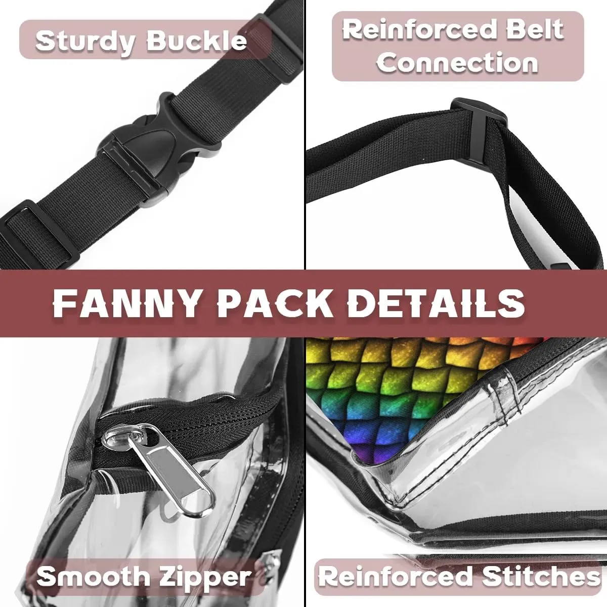 Reptile Skin Dragon Scales Texture Clear Fanny Pack Stadium Approved Clear Crossbody Belt Bag for Women Men Transparent Waist Bag with Adjustable Strap for Concerts Sports Events Travel