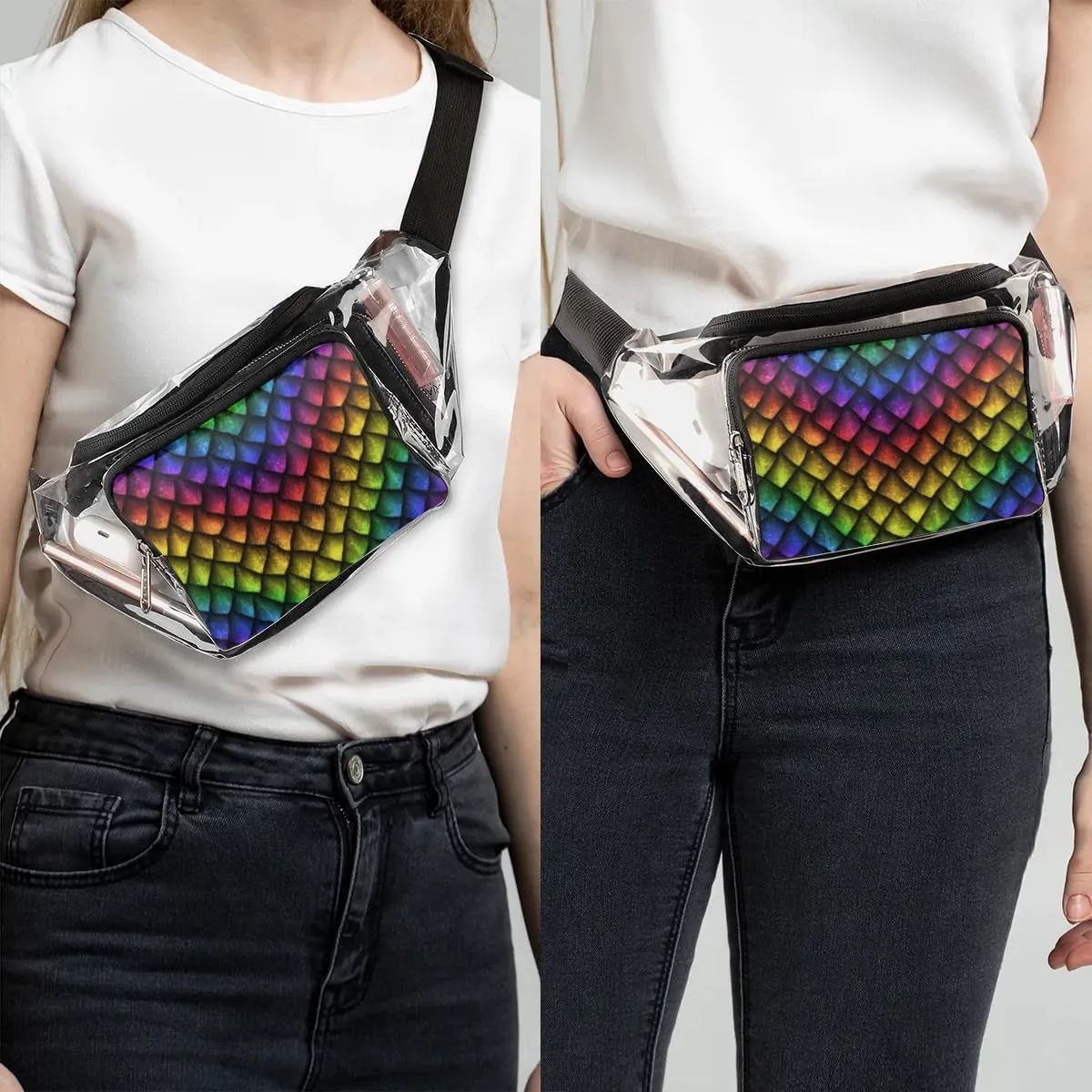 Reptile Skin Dragon Scales Texture Clear Fanny Pack Stadium Approved Clear Crossbody Belt Bag for Women Men Transparent Waist Bag with Adjustable Strap for Concerts Sports Events Travel