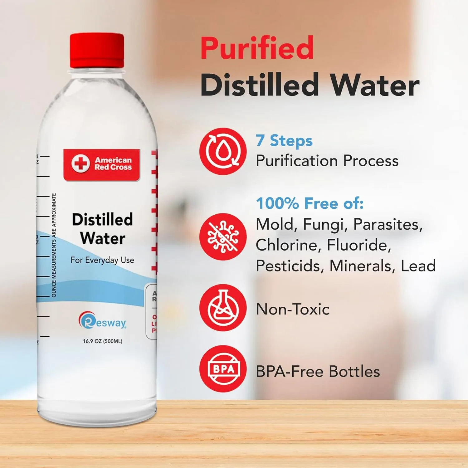 Resway American Red Cross Distilled Water 16.9 fl.oz. | General Multi-Use | Purified Distilled Water for Drinking, Baby Formula, Nutrition Powder, Aquarium Care | Everyday Use | 24 Pack