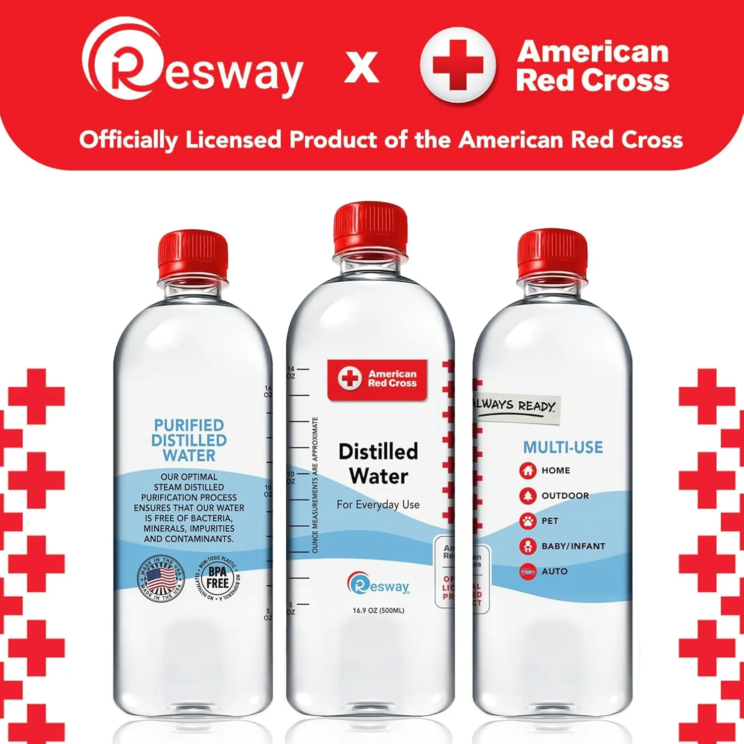 Resway American Red Cross Distilled Water 16.9 fl.oz. | General Multi-Use | Purified Distilled Water for Drinking, Baby Formula, Nutrition Powder, Aquarium Care | Everyday Use | 24 Pack