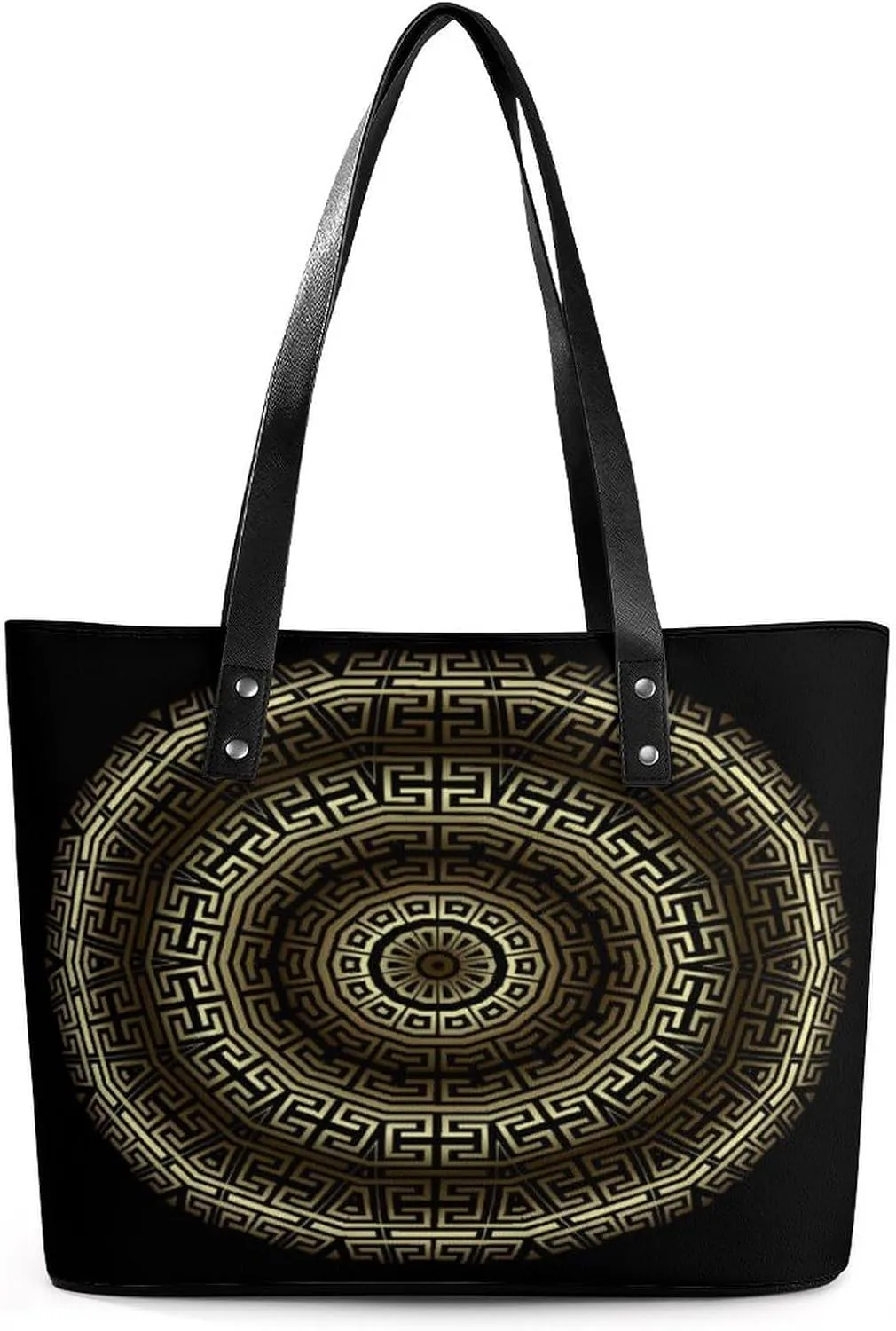 Retro Gold Geometric Greek Key Women Tote Bags Top Handle Satchel Handbags Faux Leather Tassel Shoulder Purse