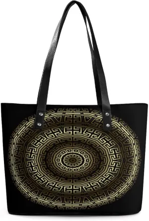 Retro Gold Geometric Greek Key Women Tote Bags Top Handle Satchel Handbags Faux Leather Tassel Shoulder Purse
