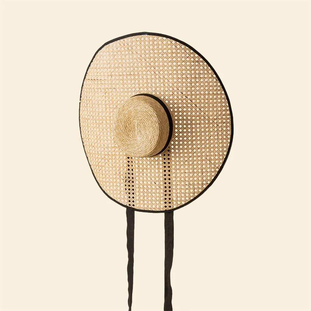 Retro Hand Knitting Hollow Out Large Eaves Flat Top Hat with Straps Stage Walking Show Sun Hat