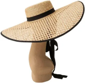 Retro Hand Knitting Hollow Out Large Eaves Flat Top Hat with Straps Stage Walking Show Sun Hat