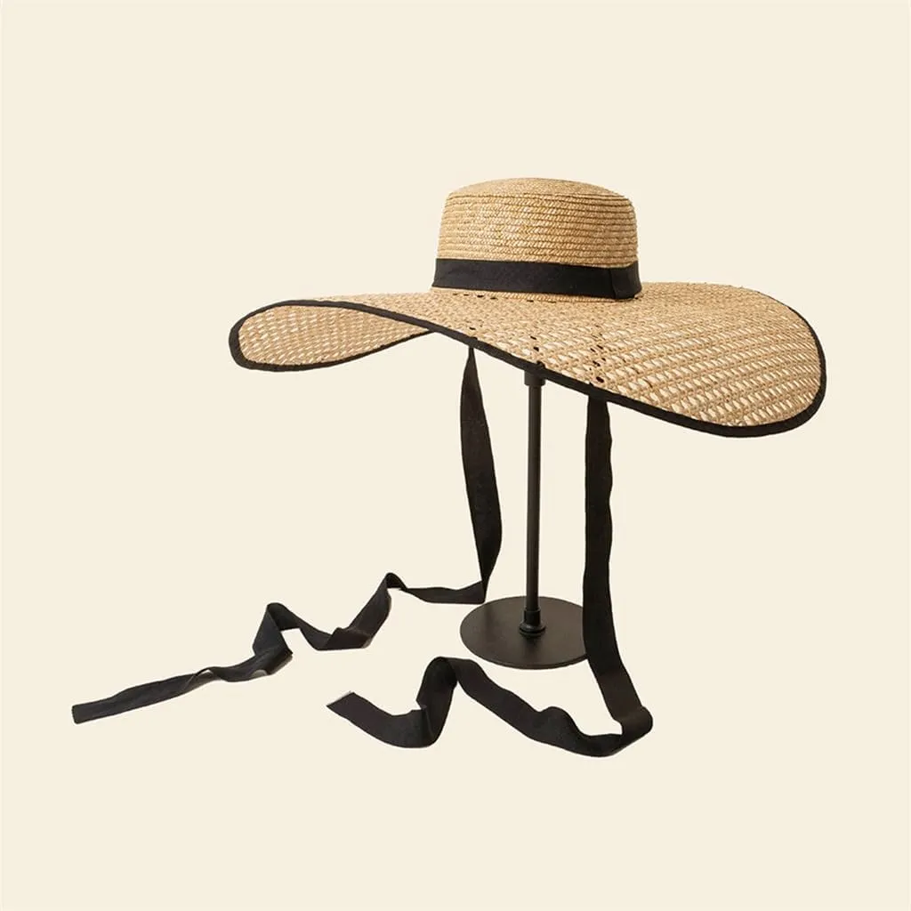 Retro Hand Knitting Hollow Out Large Eaves Flat Top Hat with Straps Stage Walking Show Sun Hat