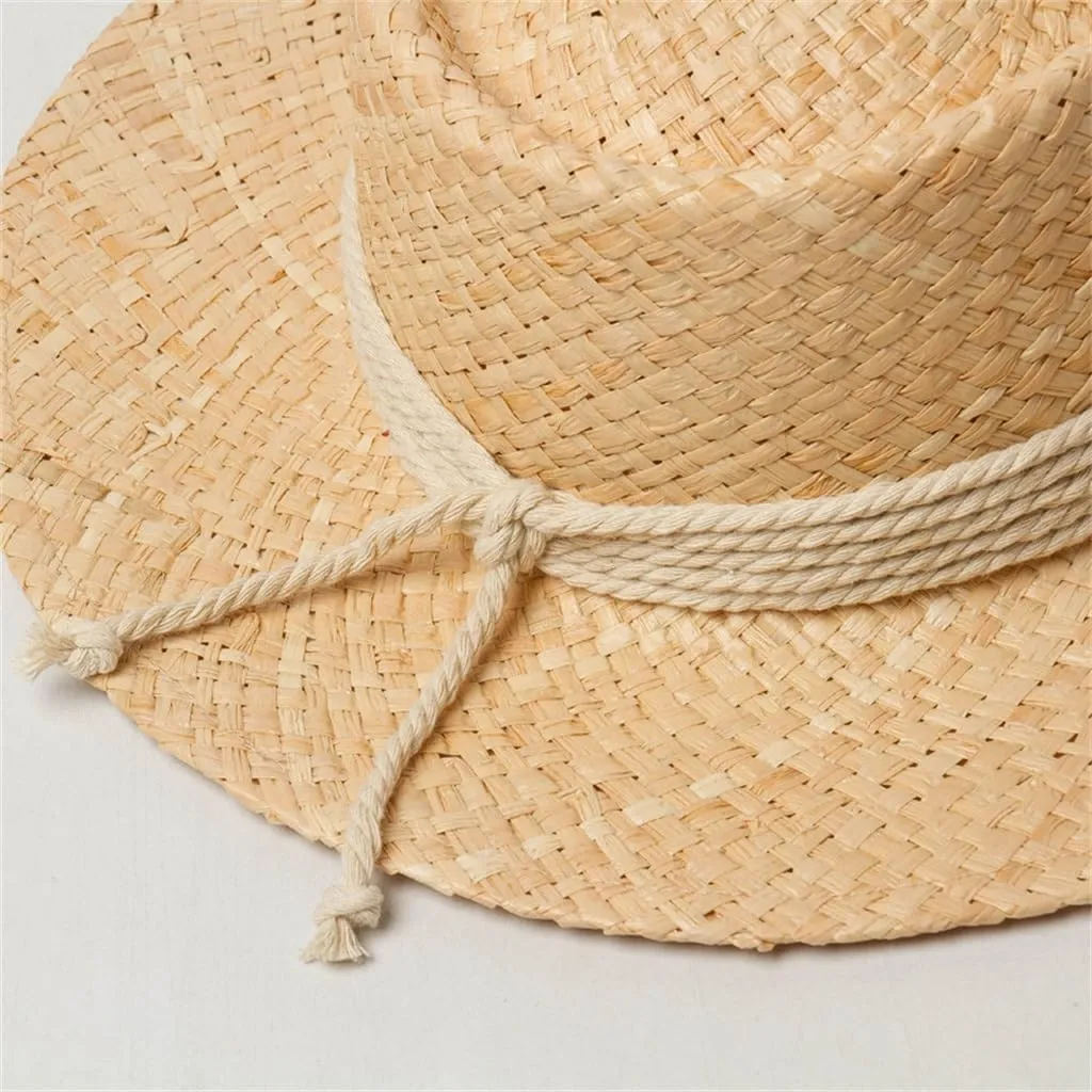 Retro Hand Knitting Hollow Out Large Eaves Flat Top Hat with Straps Stage Walking Show Sun Hat