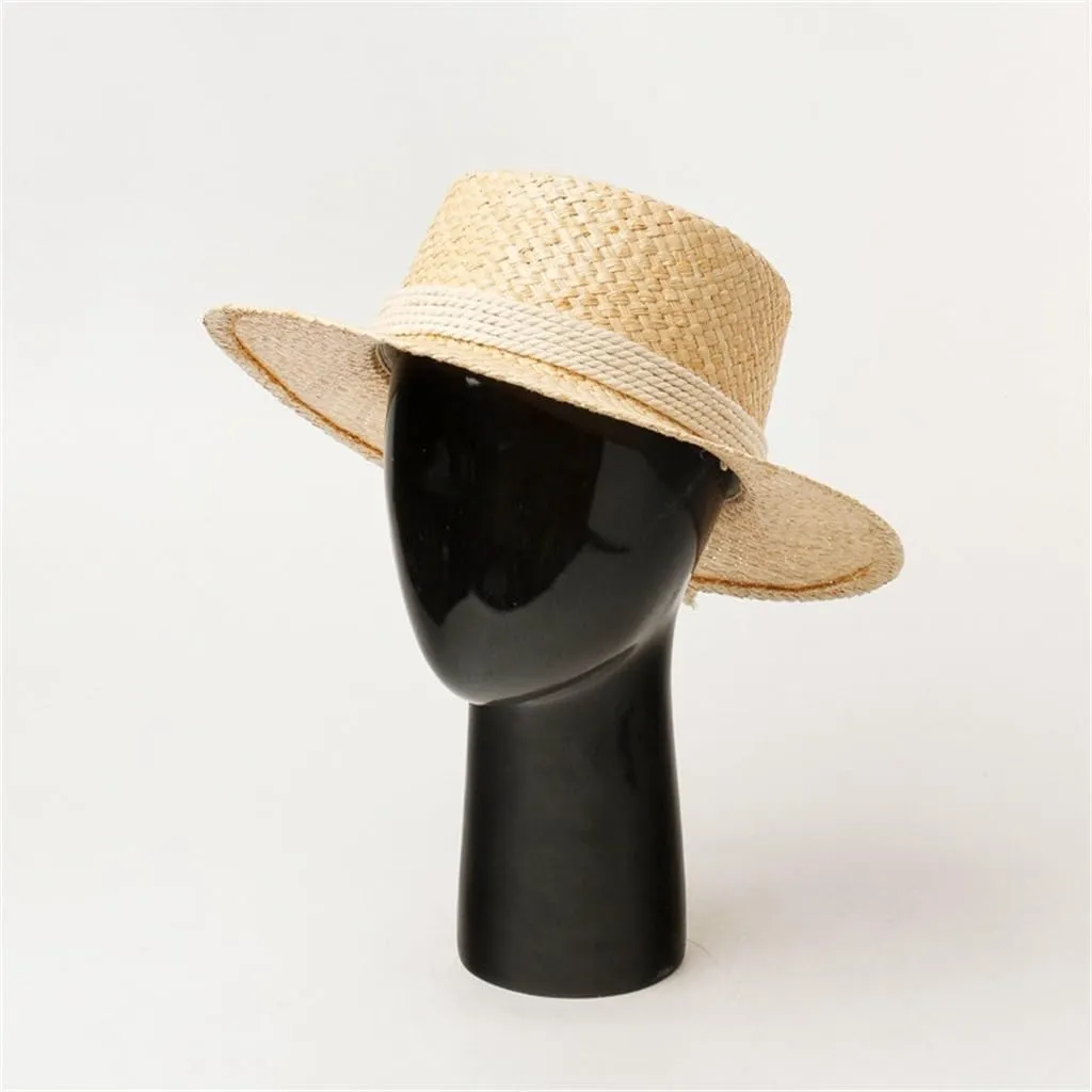 Retro Hand Knitting Hollow Out Large Eaves Flat Top Hat with Straps Stage Walking Show Sun Hat