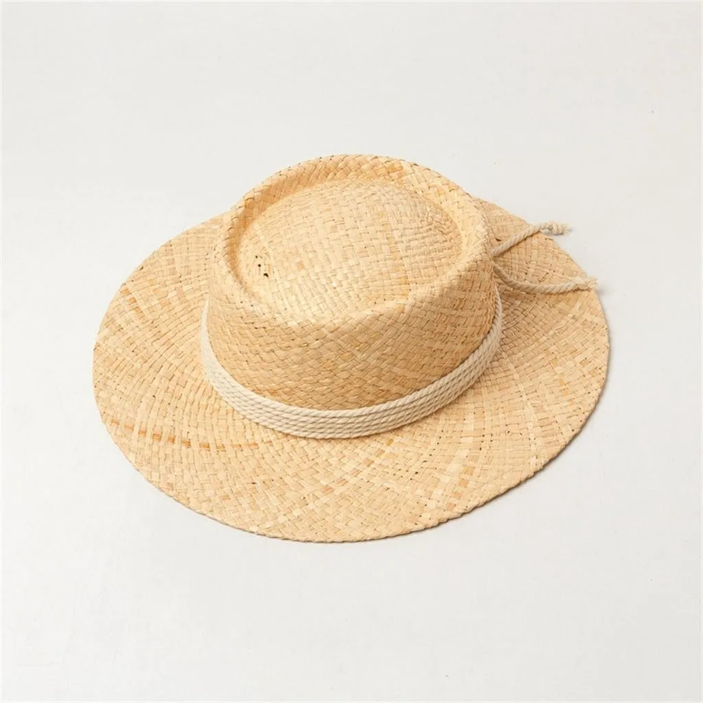 Retro Hand Knitting Hollow Out Large Eaves Flat Top Hat with Straps Stage Walking Show Sun Hat