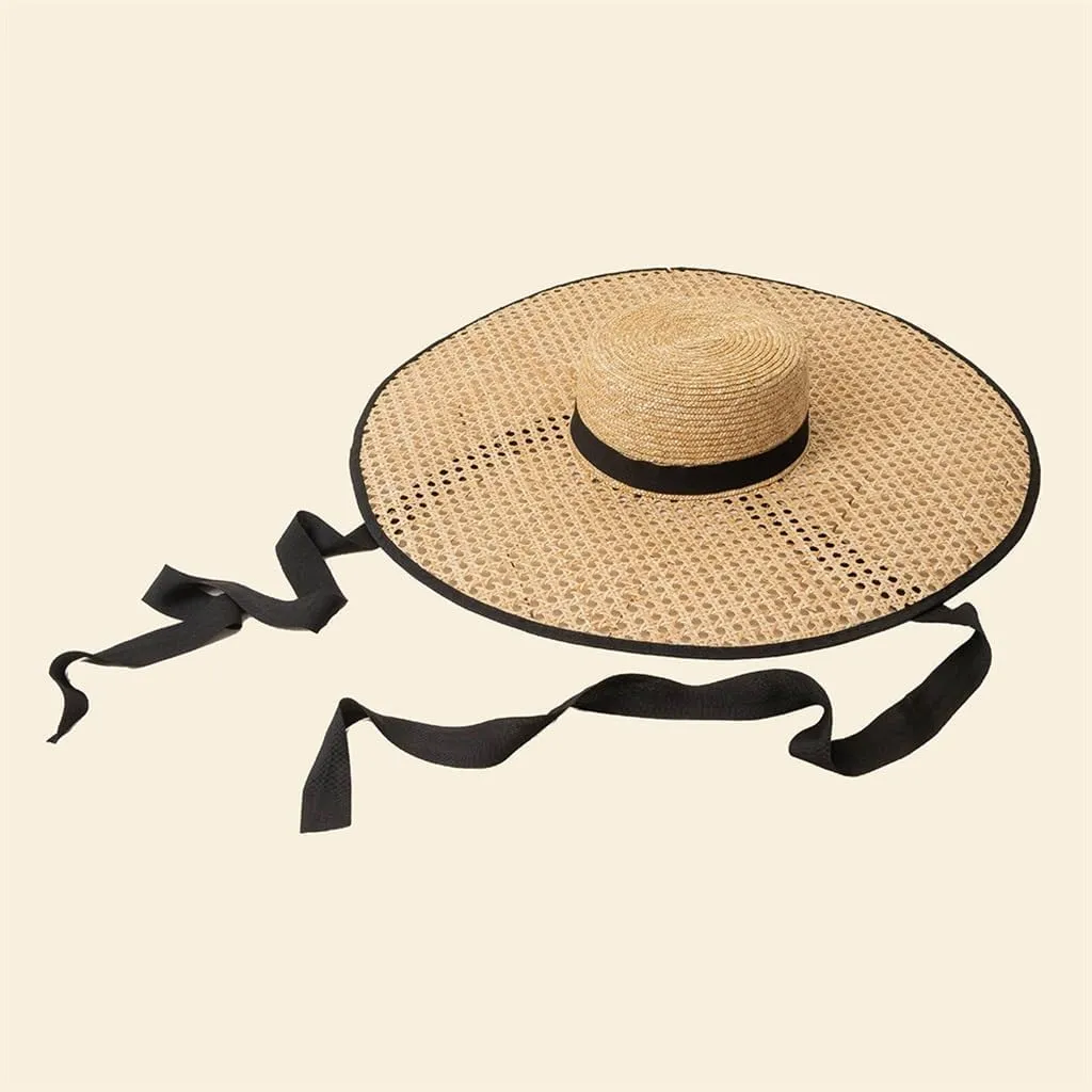 Retro Hand Knitting Hollow Out Large Eaves Flat Top Hat with Straps Stage Walking Show Sun Hat