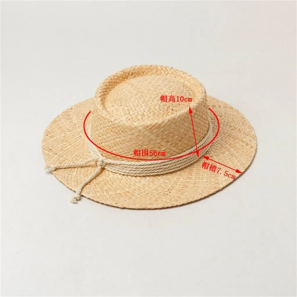 Retro Hand Knitting Hollow Out Large Eaves Flat Top Hat with Straps Stage Walking Show Sun Hat
