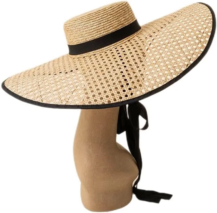 Retro Hand Knitting Hollow Out Large Eaves Flat Top Hat with Straps Stage Walking Show Sun Hat