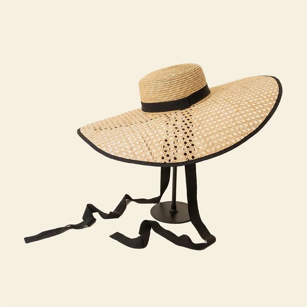 Retro Hand Knitting Hollow Out Large Eaves Flat Top Hat with Straps Stage Walking Show Sun Hat