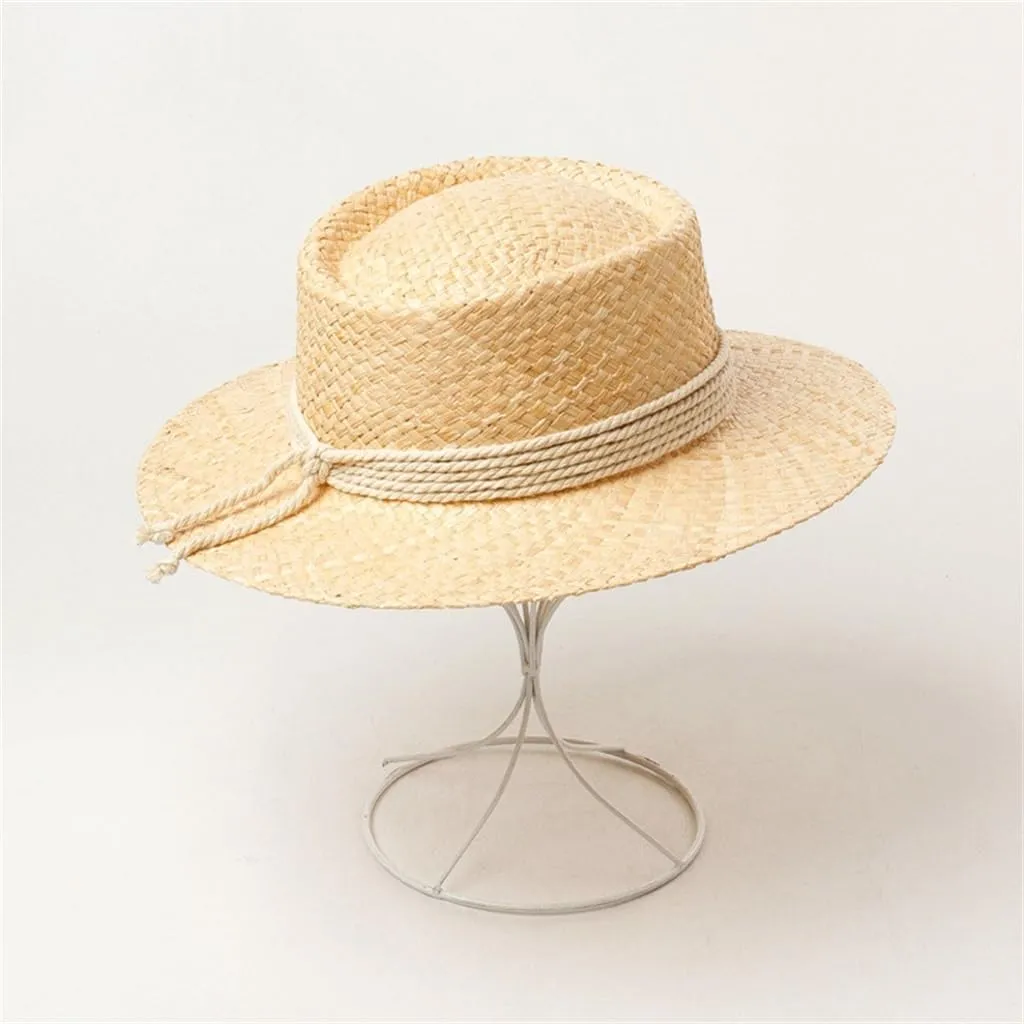 Retro Hand Knitting Hollow Out Large Eaves Flat Top Hat with Straps Stage Walking Show Sun Hat