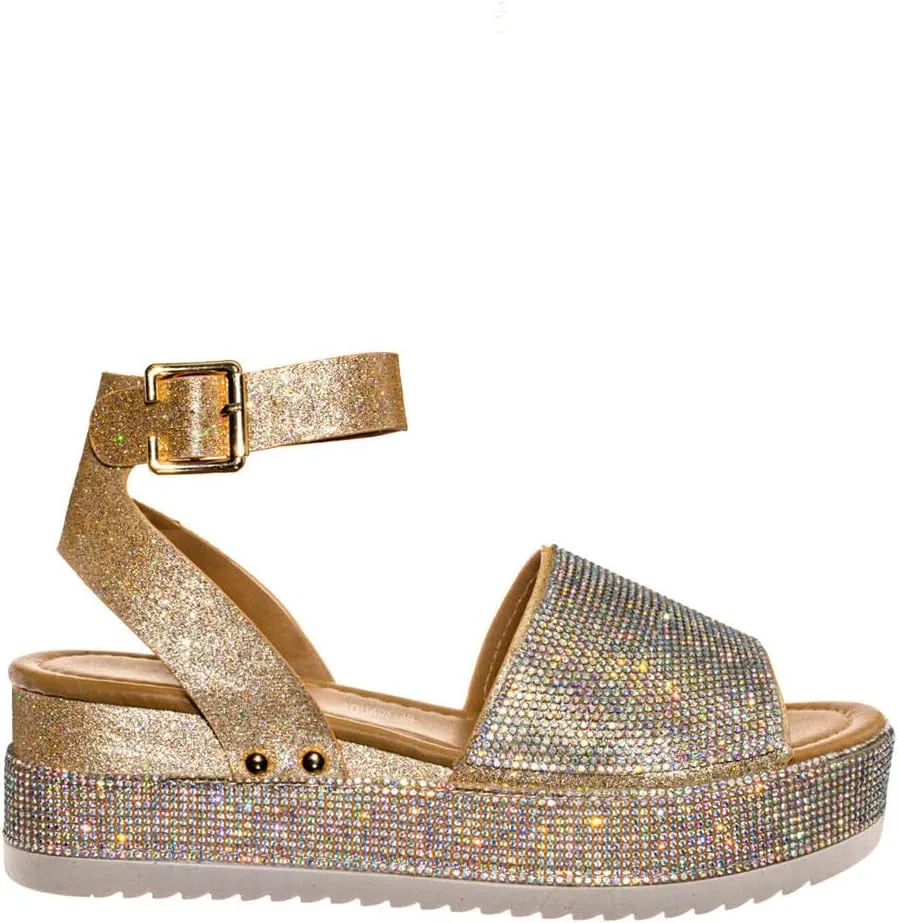 Rhinestone Glitter Flatform Sandal - Women Ankle Strap Crystal Platform
