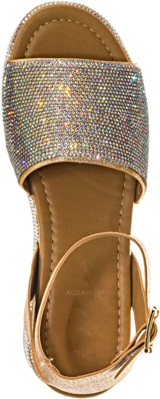 Rhinestone Glitter Flatform Sandal - Women Ankle Strap Crystal Platform