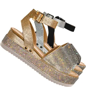 Rhinestone Glitter Flatform Sandal - Women Ankle Strap Crystal Platform