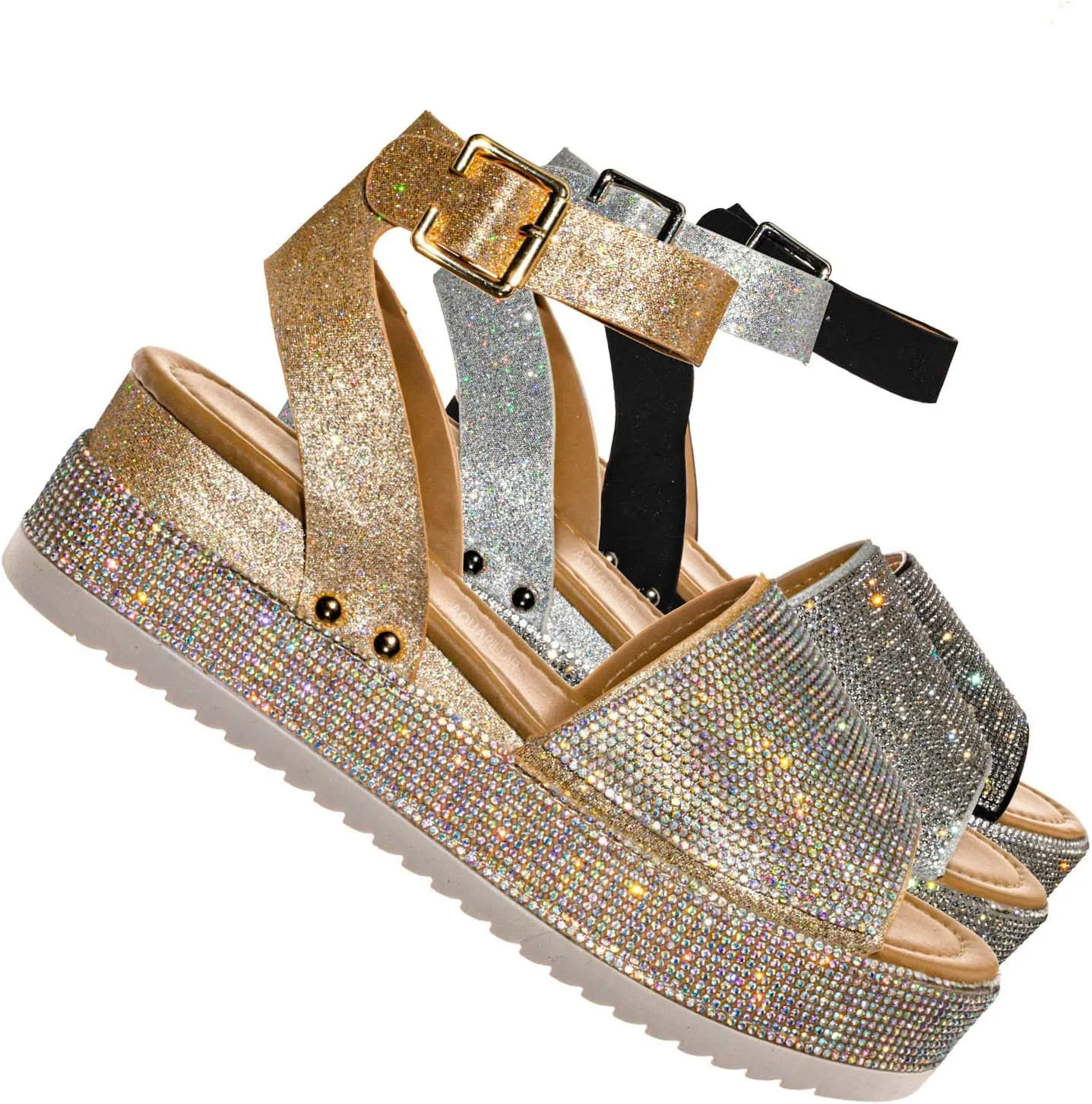 Rhinestone Glitter Flatform Sandal - Women Ankle Strap Crystal Platform