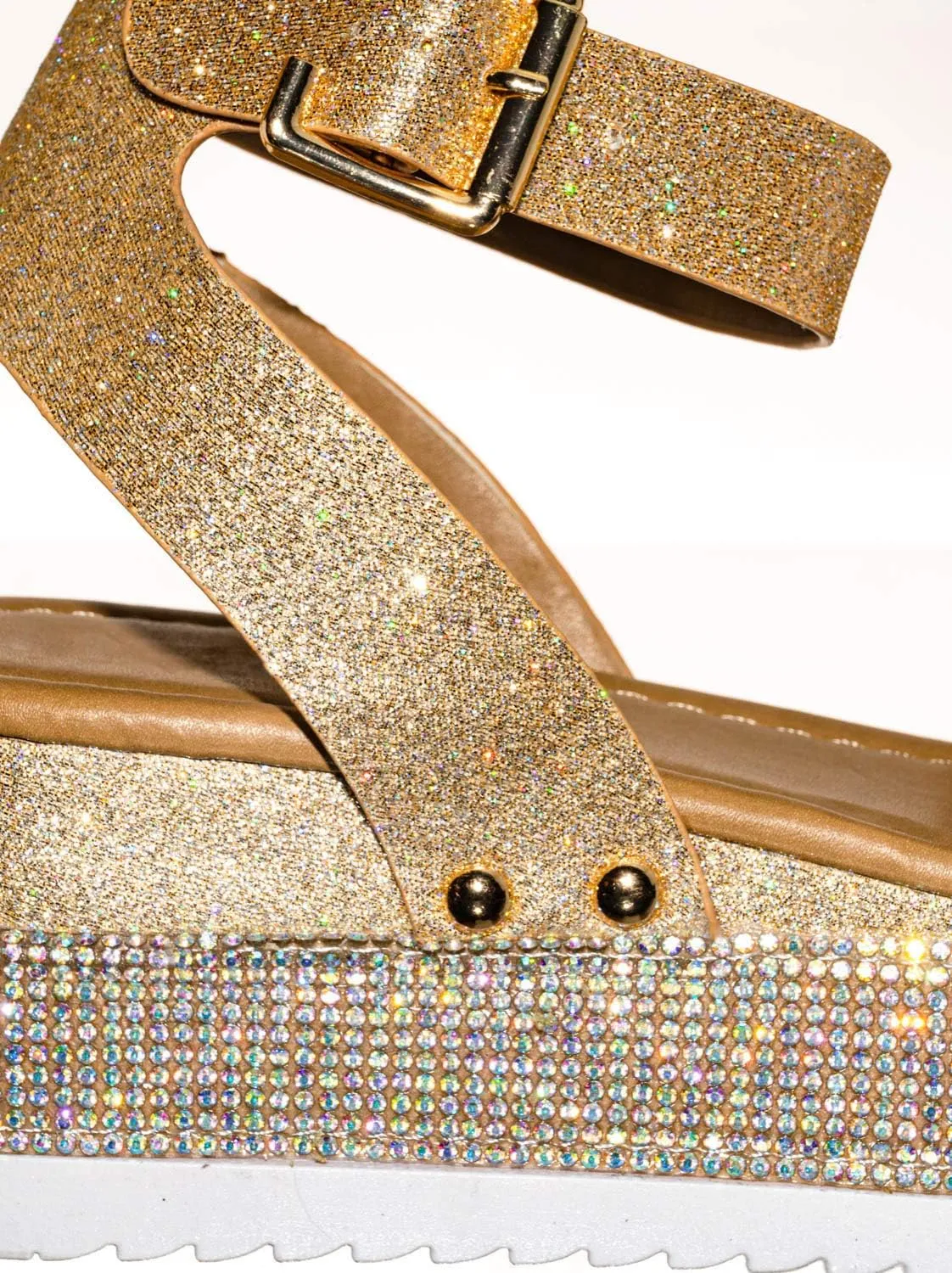 Rhinestone Glitter Flatform Sandal - Women Ankle Strap Crystal Platform