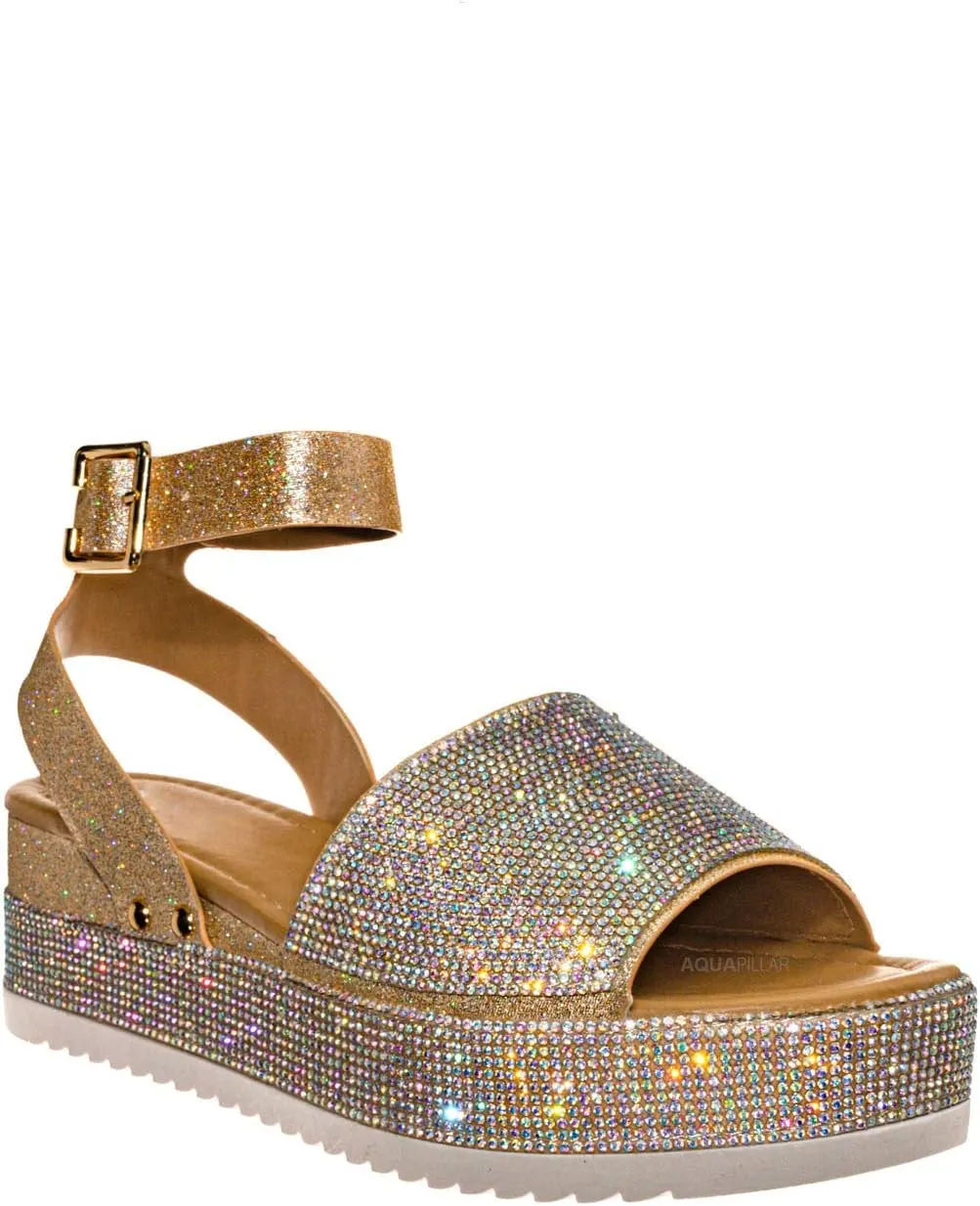 Rhinestone Glitter Flatform Sandal - Women Ankle Strap Crystal Platform