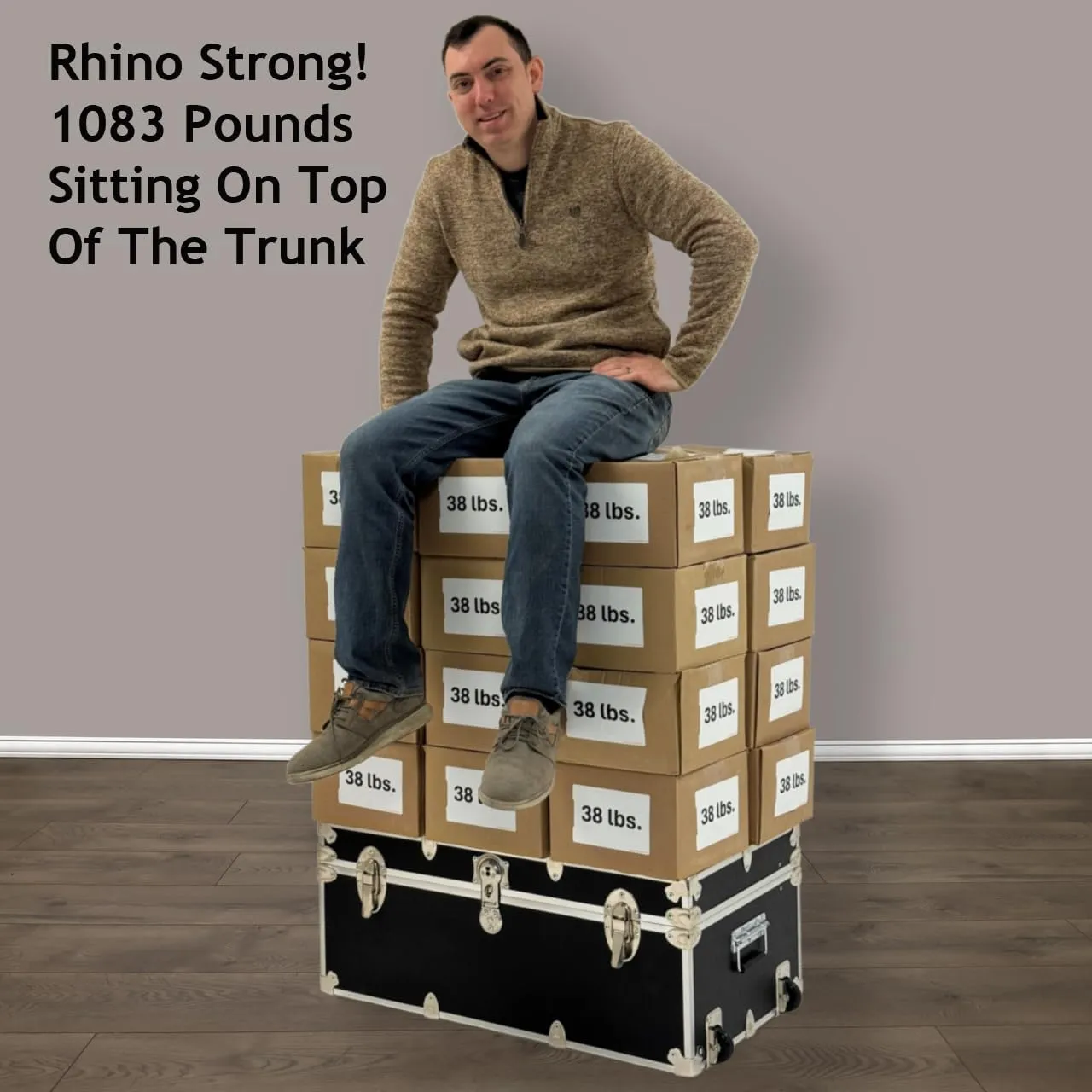 Rhino Trunk & Case Large Essential Summer Camp Trunk with Wheels - Camping Storage Chest - Ideal Footlocker for Campers - Strong 1000  Pound Sitting Capacity Trunks 32"x18"x14" (Black)