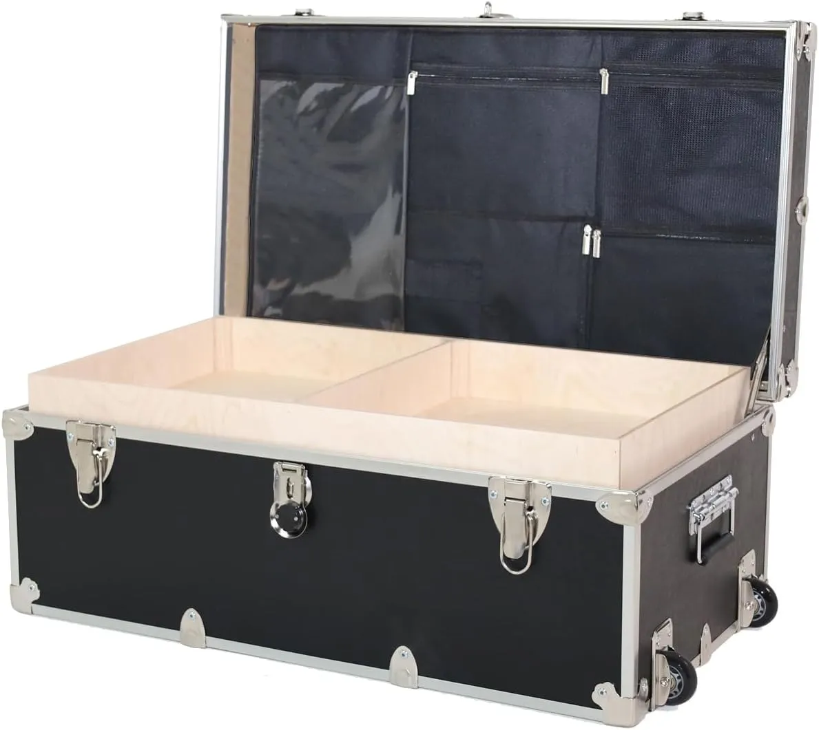 Rhino Trunk & Case Large Essential Summer Camp Trunk with Wheels, Tray & Lid Organizer, Camping Footlocker Storage Chest, Strong 1000  Pound Sitting Capacity Campers Trunks 32"x18"x14"