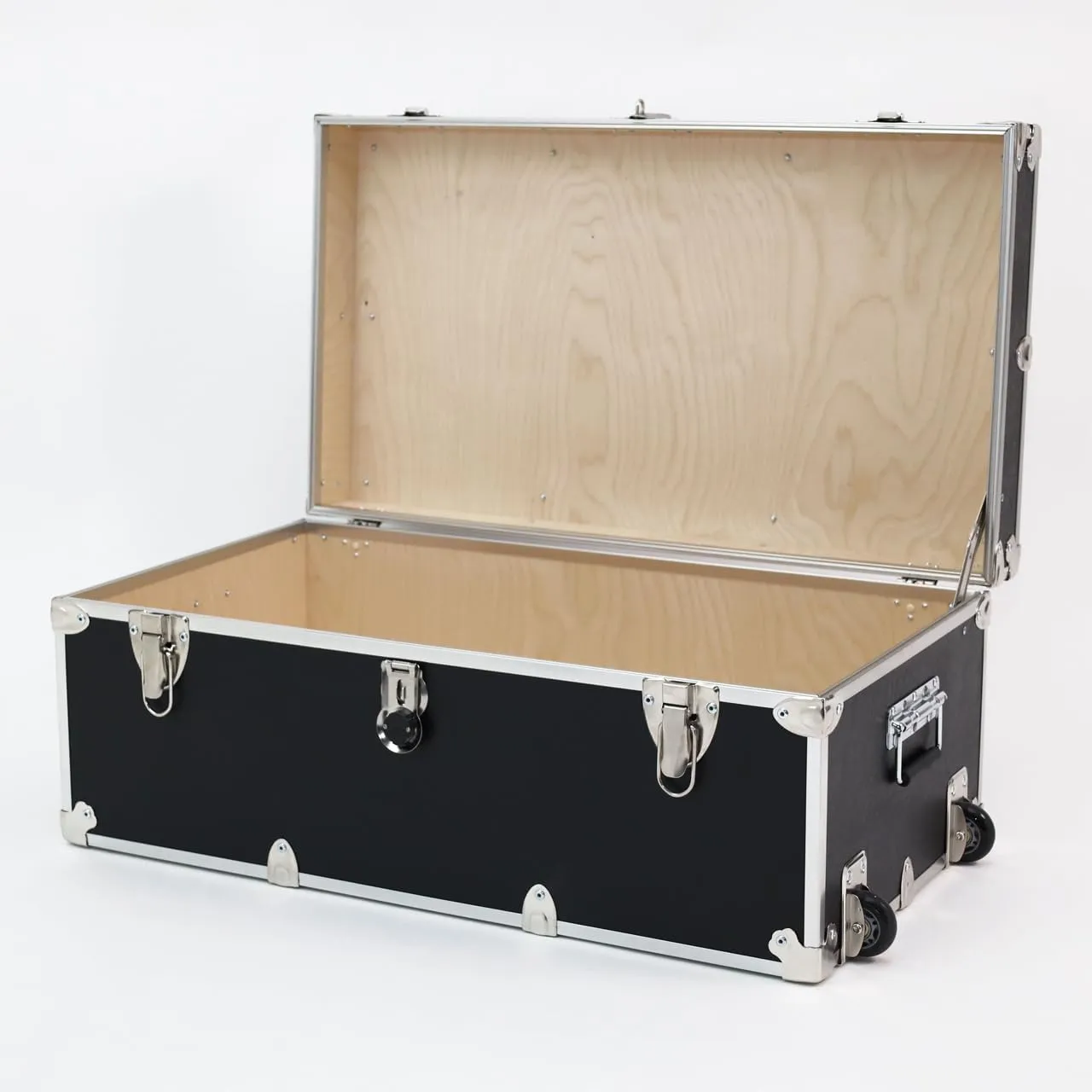 Rhino Trunk & Case Large Essential Summer Camp Trunk with Wheels, Tray & Lid Organizer, Camping Footlocker Storage Chest, Strong 1000  Pound Sitting Capacity Campers Trunks 32"x18"x14"