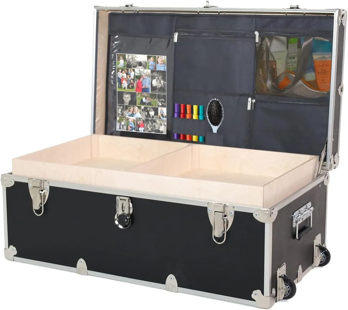 Rhino Trunk & Case Large Essential Summer Camp Trunk with Wheels, Tray & Lid Organizer, Camping Footlocker Storage Chest, Strong 1000  Pound Sitting Capacity Campers Trunks 32"x18"x14"