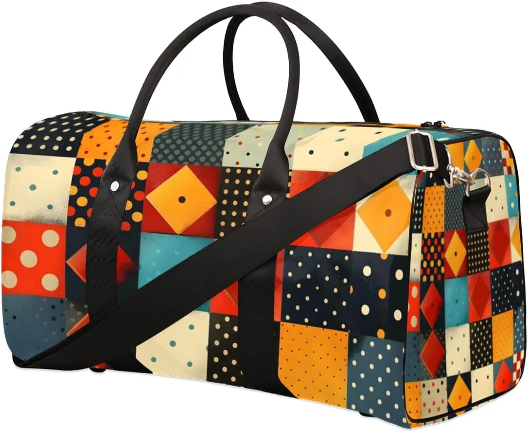 Rhombus Squares Tile Art Travel Duffle Bag for Women Men Gym Duffel Foldable Bag Waterproof Weekender Geometric Duffle Tote