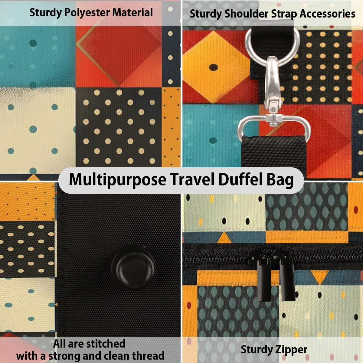 Rhombus Squares Tile Art Travel Duffle Bag for Women Men Gym Duffel Foldable Bag Waterproof Weekender Geometric Duffle Tote