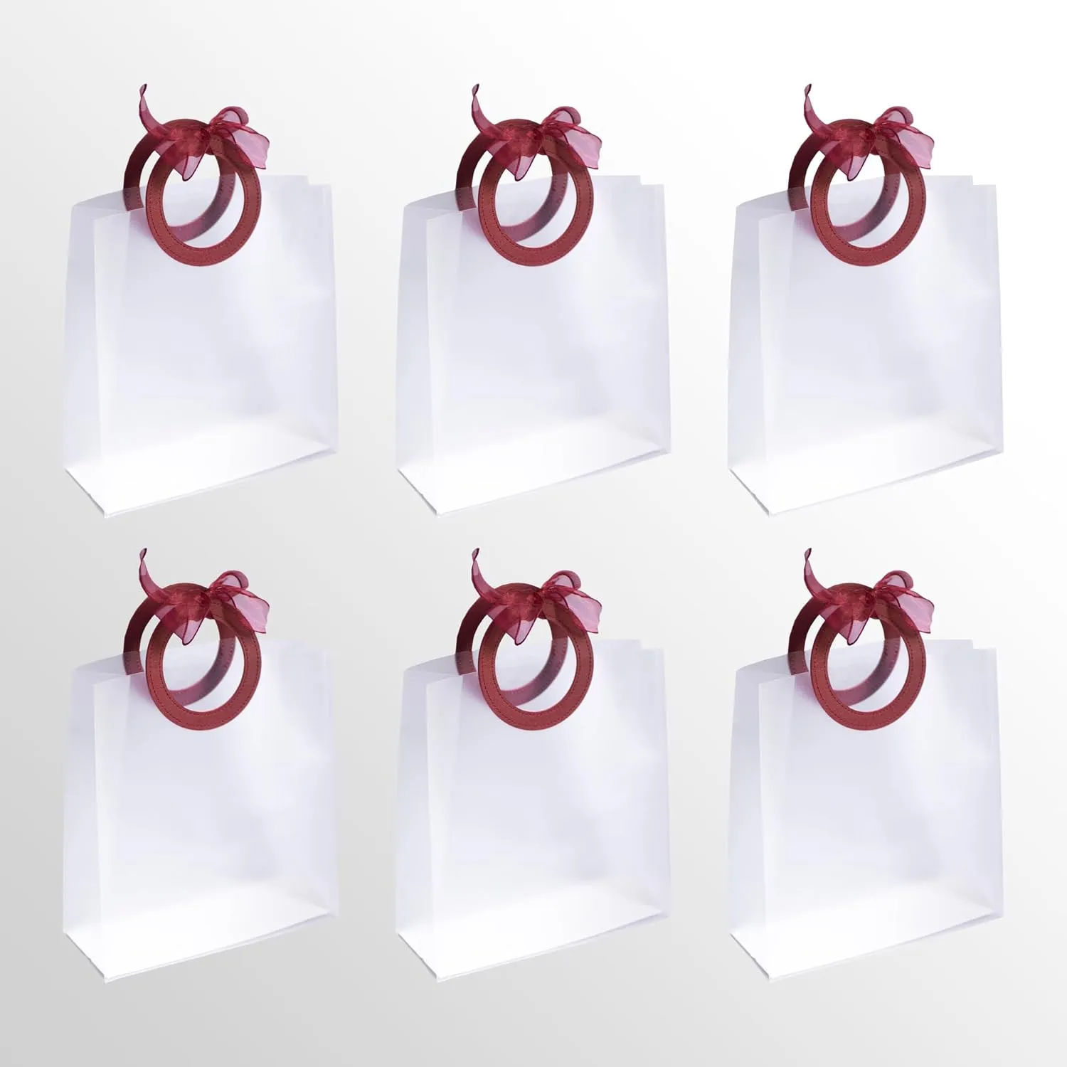 Ribbon & Luxe 6-Pack Transparent Gift & Boutique Bags with Burgandy, Round Stitched Handles; Wedding, Baby or Bridal Shower and All Other Special Occasions (Burgundy, Large 6 Count)