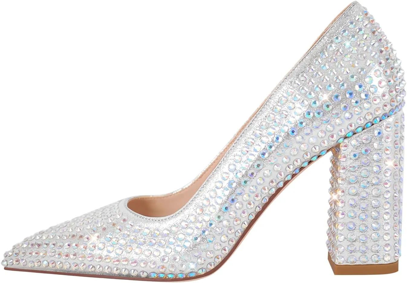 richealnini Slip On Pumps with Rhinestones Studded Crystals Pointed Toe Shoes Diamante Heels Wedding Party Dress
