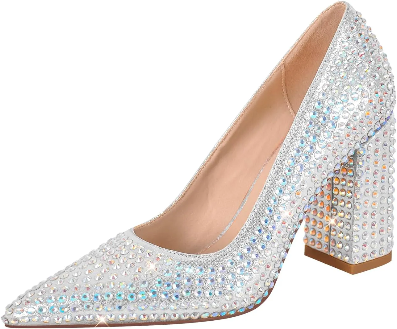 richealnini Slip On Pumps with Rhinestones Studded Crystals Pointed Toe Shoes Diamante Heels Wedding Party Dress