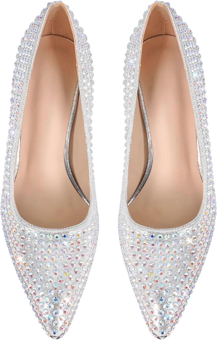 richealnini Slip On Pumps with Rhinestones Studded Crystals Pointed Toe Shoes Diamante Heels Wedding Party Dress