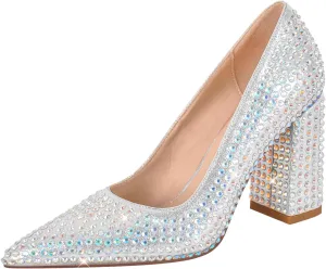 richealnini Slip On Pumps with Rhinestones Studded Crystals Pointed Toe Shoes Diamante Heels Wedding Party Dress
