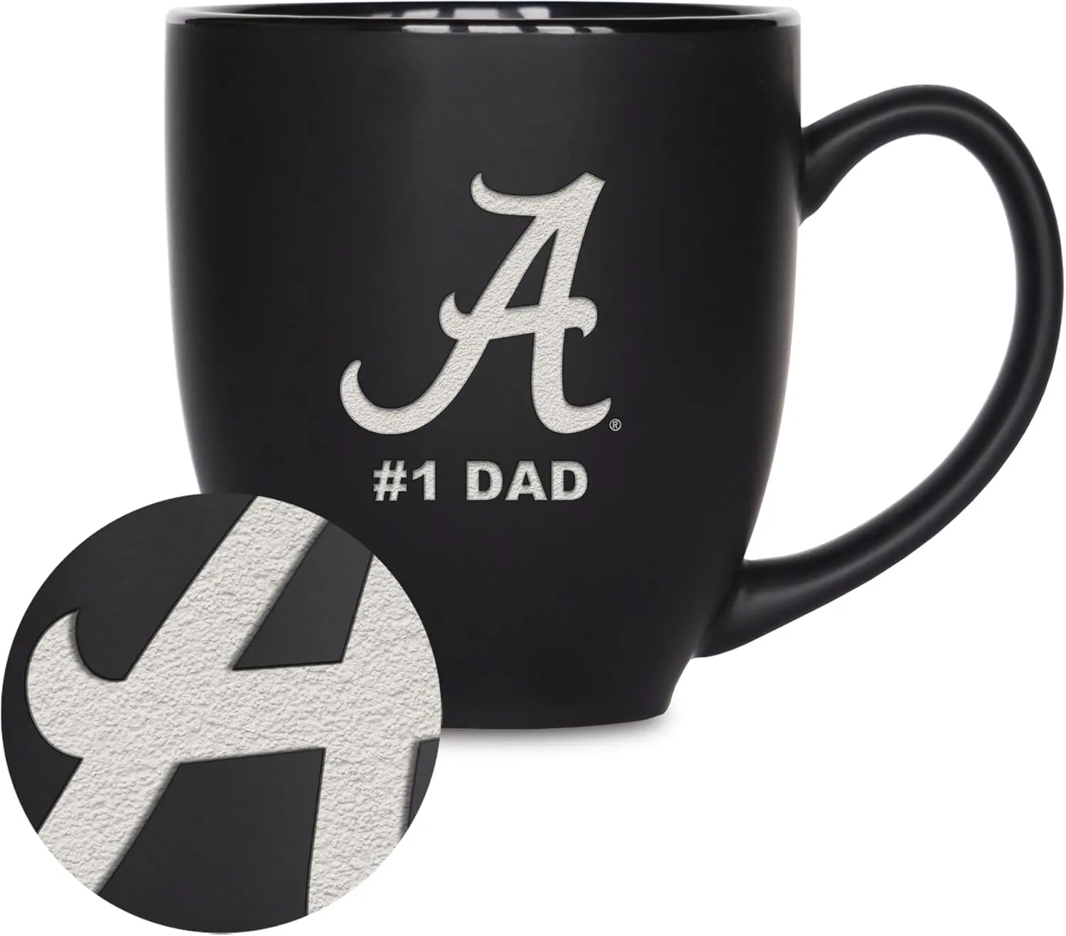 Rico Industries NCAA #1 Dad 15oz Laser Engraved Matte Black Ceramic Bistro Mug - for Hot or Cold Drinks
