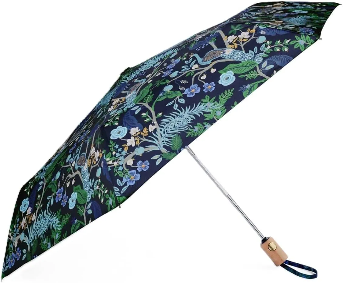 RIFLE PAPER CO. Umbrella, Matching Storage Sleeve, Portable, Auto Open and Close, Wooden Handle, Printed in Full Color