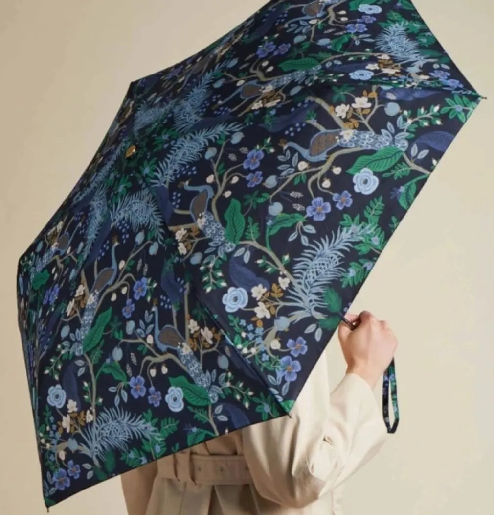 RIFLE PAPER CO. Umbrella, Matching Storage Sleeve, Portable, Auto Open and Close, Wooden Handle, Printed in Full Color