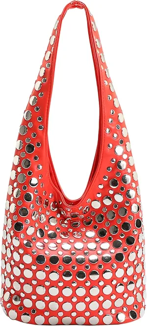 Rivet Hobo Bag for Women Y2k Metal Shoulder Bag Trendy Handbag Sleek Satchel for Party Travel