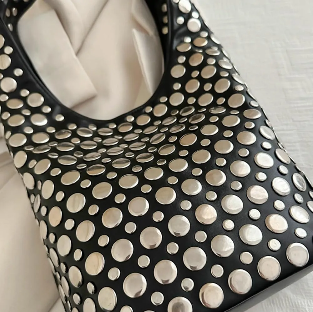 Rivet Hobo Bag for Women Y2k Metal Shoulder Bag Trendy Handbag Sleek Satchel for Party Travel