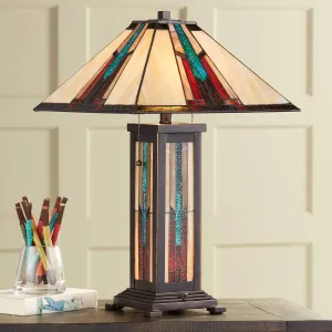 Robert Louis Tiffany Ranier Mission Tiffany Style Table Lamp with Nightlight 25" High Bronze Brown Antique Stained Art Glass for Living Room Bedroom House Bedside Nightstand Home Office Family