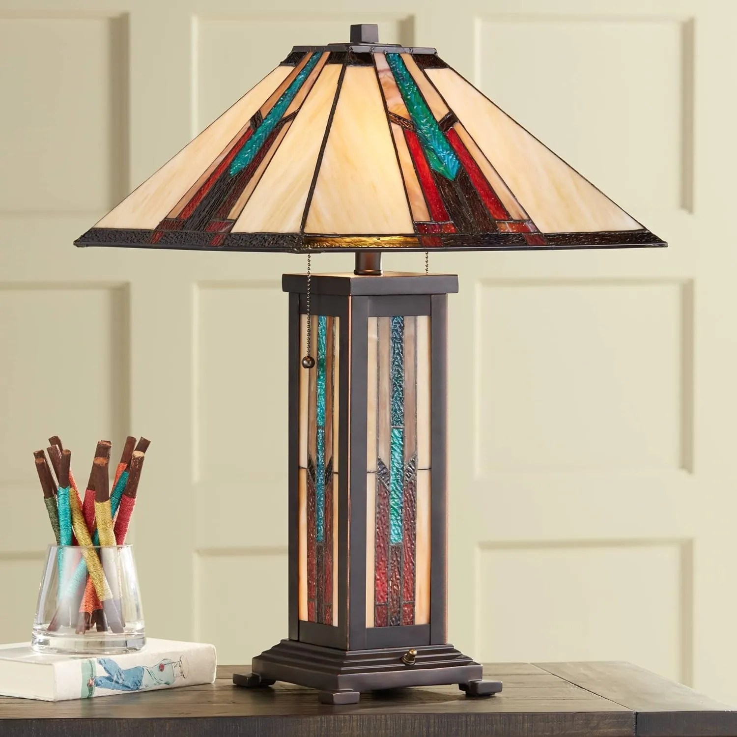 Robert Louis Tiffany Ranier Mission Tiffany Style Table Lamp with Nightlight 25" High Bronze Brown Antique Stained Art Glass for Living Room Bedroom House Bedside Nightstand Home Office Family