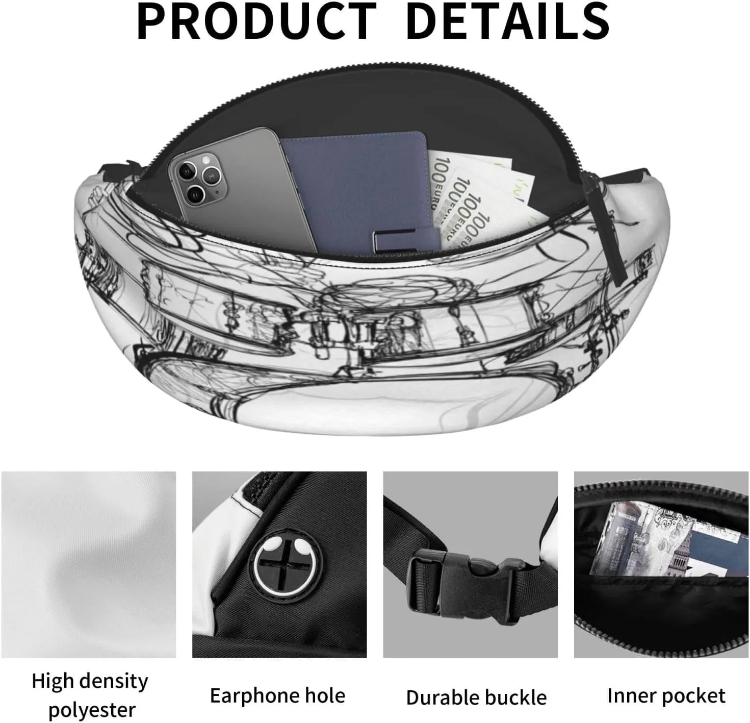 Rock Music Fanny Pack, Crossbody Waist Packs for Women Men Waist Bags with Adjustable Strap for Travel Running Hiking Sport