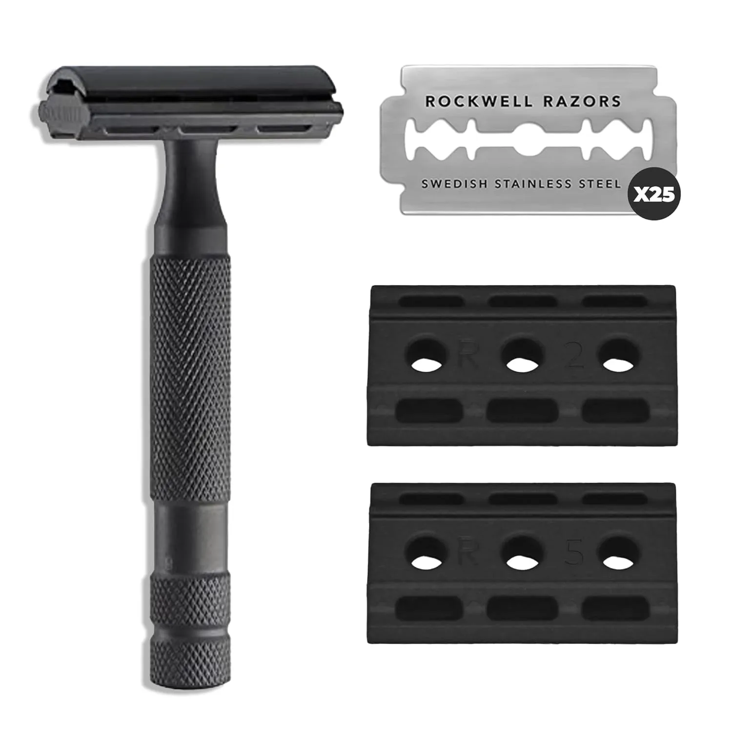 Rockwell Razors 6S Black Stainless Steel Double-Edge Safety Razor for Men and Women with 6 Adjustable Shave Settings and 25 Fully Recyclable Eco Razor Blades